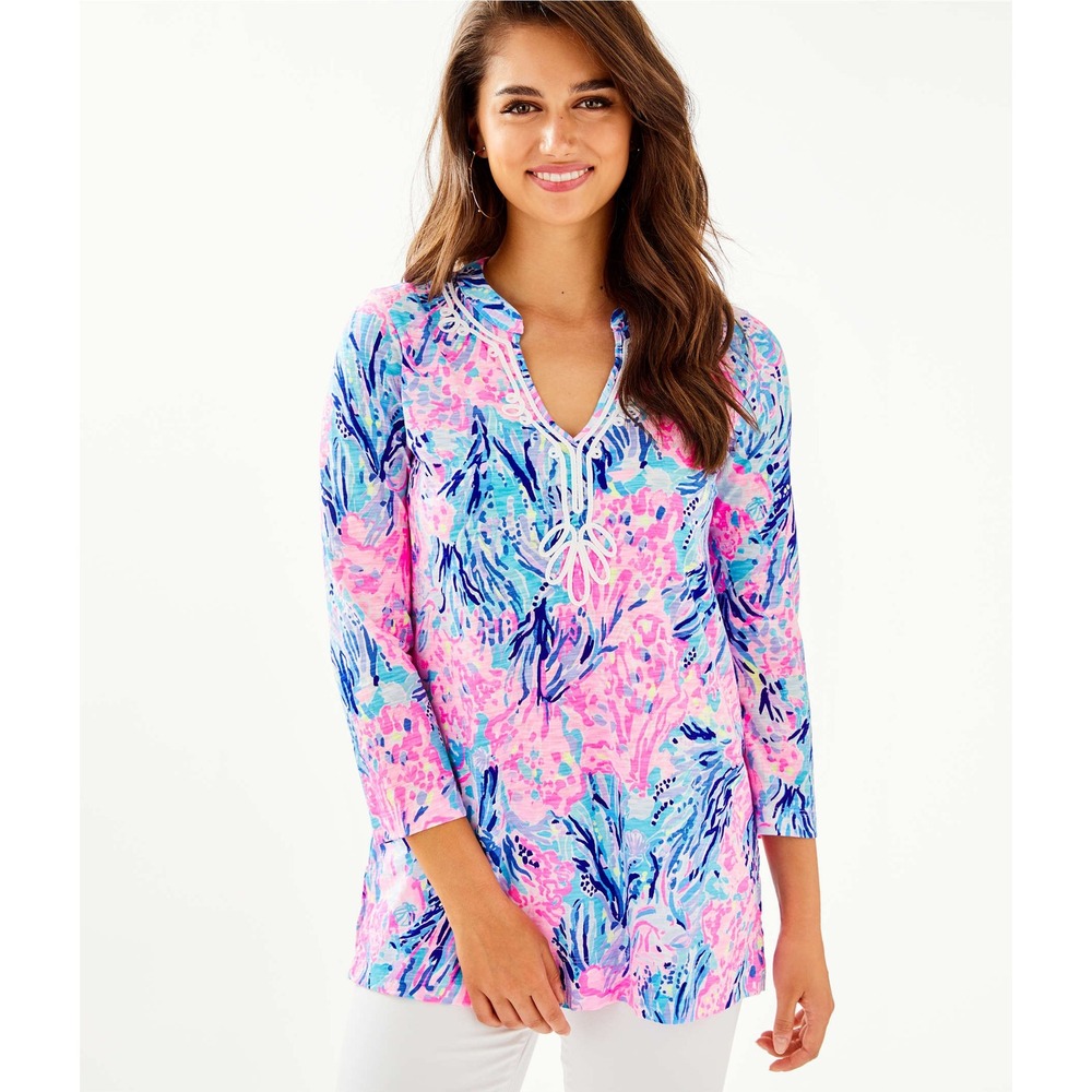 Lilly Pulitzer Kaia Tunic Top Pink Blue Coral Print Soutache V-Neck Cotton S